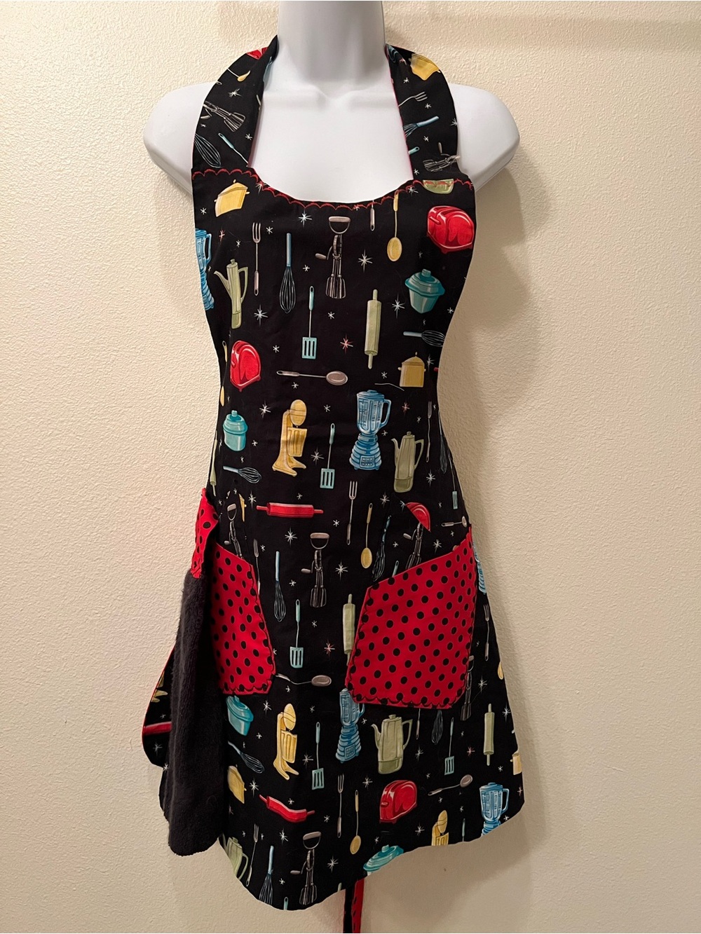 Retro reversible Kitchen Print Apron with Pockets Custom-made